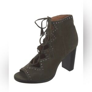 Frye Women Olive Green Suede Lace Up Peep Toe Booties Size 8M Studded Tassel